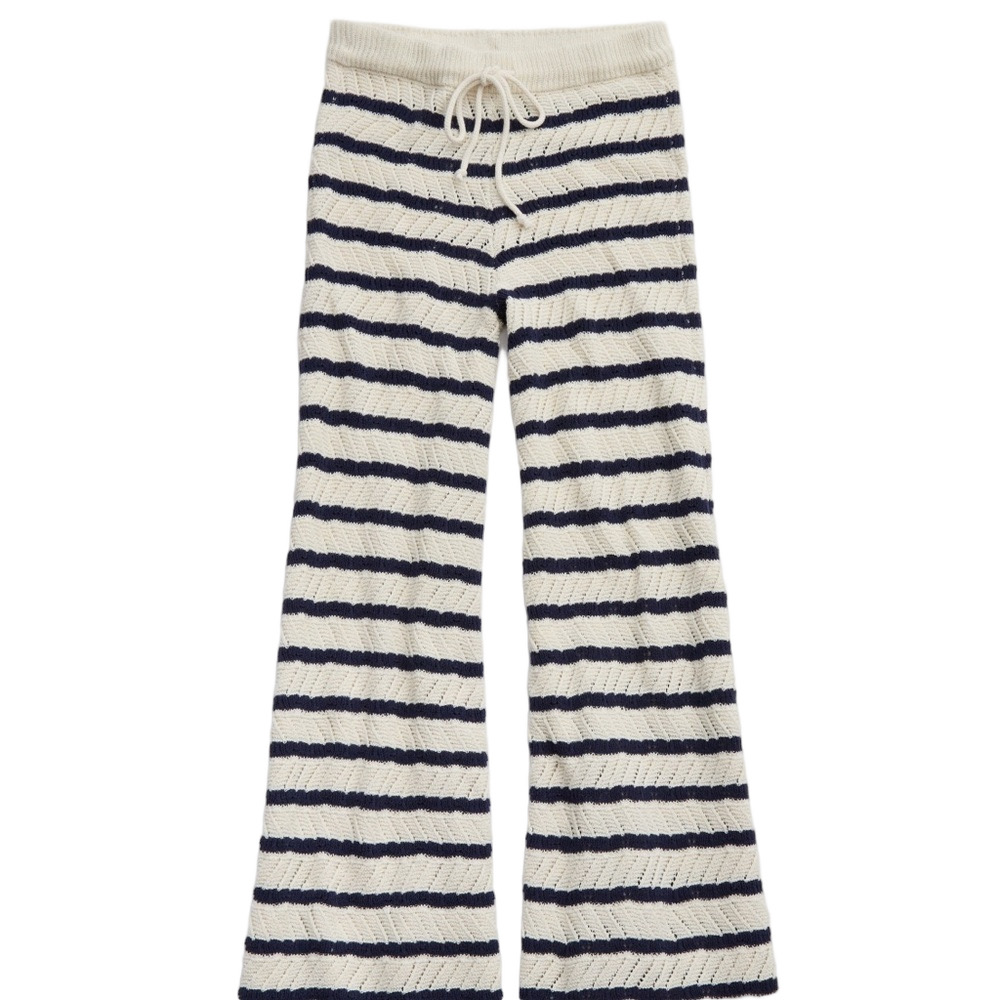 Aerie Pointelle Knit Pants Beach Coverup Natural + Navy Cotton Blend Size Large